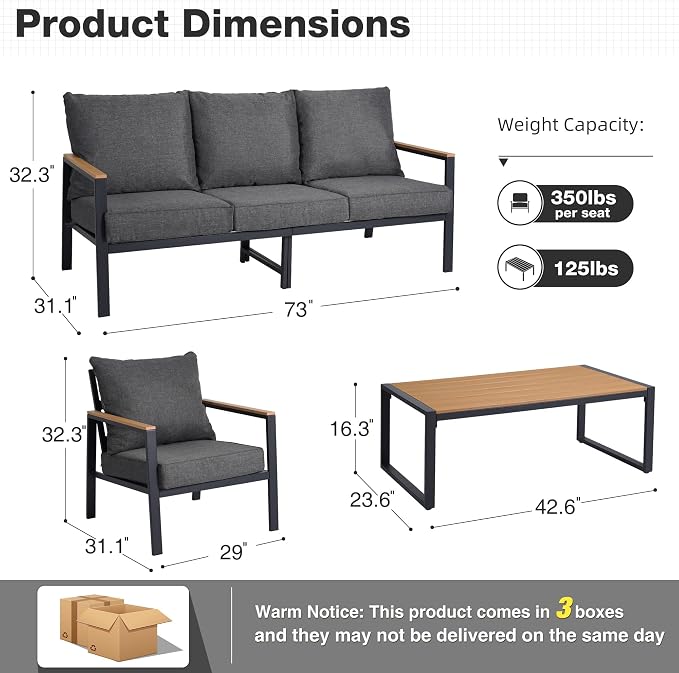 Patio Furniture Set, 4 Pieces Outdoor Furniture Patio Conversation Set with High Back, Faux-Wood Armrest and Tabletop, Outdoor Couch Patio Sofa Set for Balcony, Porch, Backyard, Grey