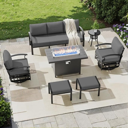 Aluminum Patio Furniture Set with Fire Pit Table, 7 Seats Outdoor Patio Conversation Sets with Swivel Chair Modern Metal Sectional Sofa with Upgrade Cushions for Patio, Backyard - Grey