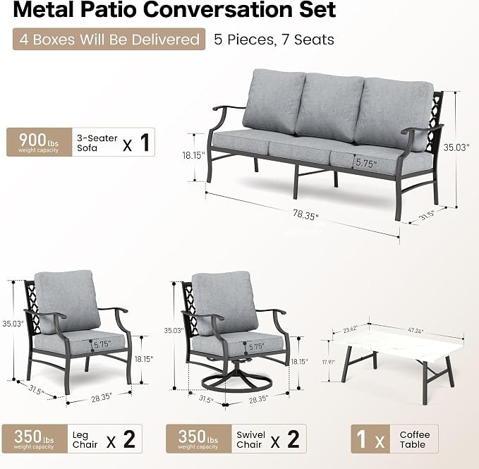 SUNSHINE VALLEY 6 Piece Metal Outdoor Patio Furniture Set, Patio Conversation Sets 1 3-Seater Sofa, 2 Swivel Chair, 2 Leg Chair with 5.75" Thick Cushion and Coffee Table, Backyard Furniture Set, Gray