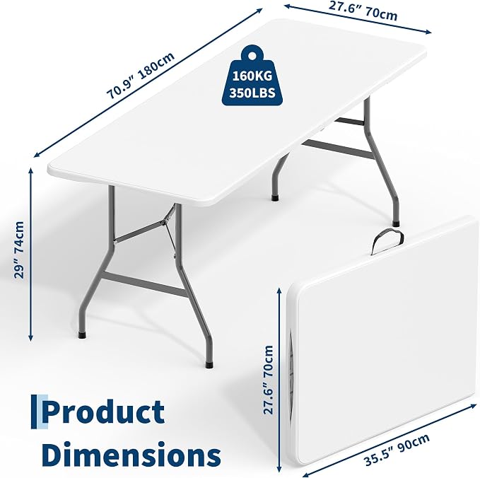 Garvee 6FT Portable Folding Table 2 Pack, HDPE Plastic Foldable Table with Carry Handle for Camping, Parties, Picnic & Events Indoor Outdoor, White