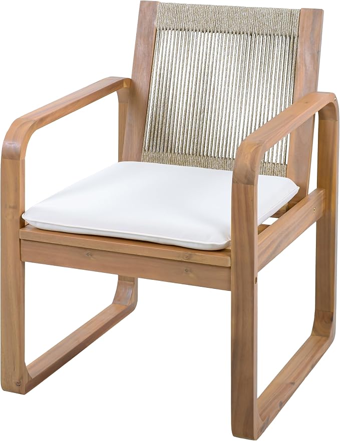 Christopher Knight Home Trazy Acacia Wood Outdoor Dining Set for 4, Patio Dining Table Set for 4, Outdoor Dining Table and Sled Base, Dining Chairs with Cushion + Rope Backrest, Teak + Brown + Beige