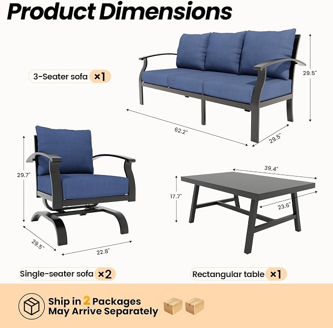 Gotland Metal Outdoor Patio Furniture Set with Coffee Table, 4 Piece Patio Conversation Set with Washable Cushion Covers, Metal Frame Sectional Sofa Furniture Set for Porch, Balcony, Deck, Yard