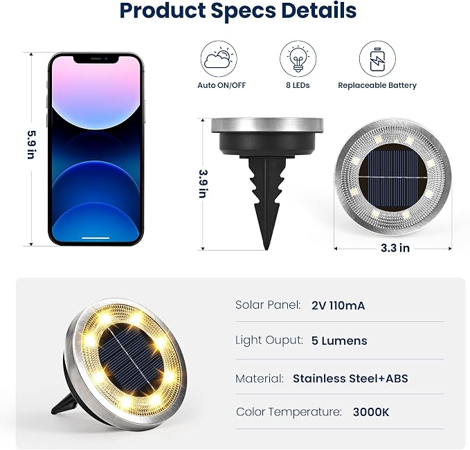 SOLPEX 16 Pack Solar Ground Lights Outdoor, Backyard Decor Warm White | IP65 Waterproof Stainless Steel Landscape Lighting for Walkway, Driveway, Pathway, Garden, Patio