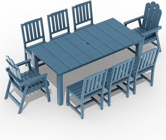 9 Piece HDPE Patio Dining Set for 8, Outdoor Furniture,Navy | 75.2” table,8 person outdoor table and chairs set, fade resistant HDPE, strong structure built for backyard entertaining