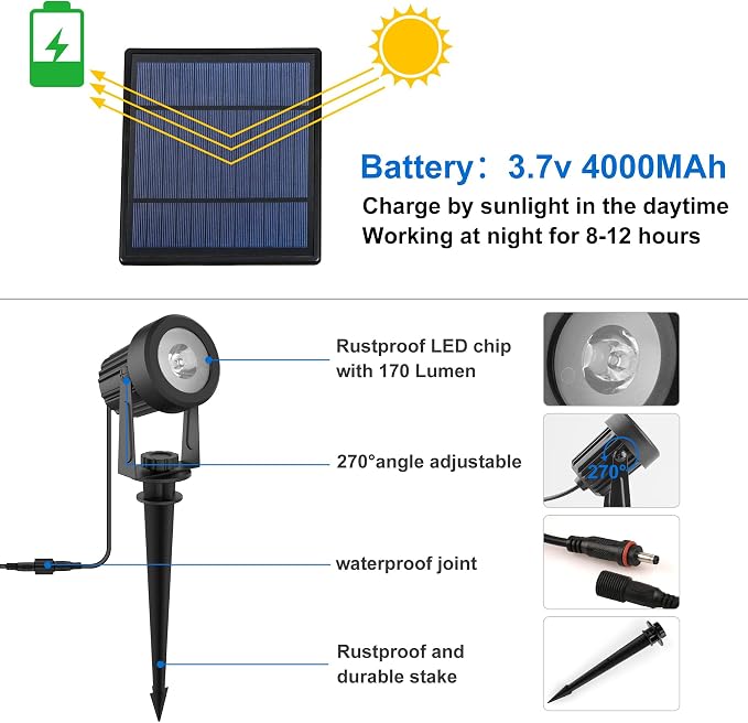 Solar Spot Lights Outdoor, 6000K Cool White Landscape Spotlights IP65 Waterproof 9.8ft Cable, Dusk to Dawn Solar Uplights for Trees Garden Yard Driveway Porch Walkway Pool (6-in-1)