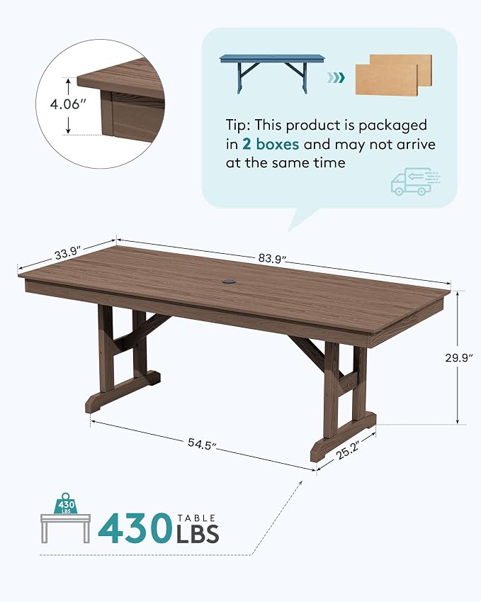 SERWALL Outdoor Dining Table, 84" Rectangular Dining Table for 6-8 Person, All Weather HDPE Patio Dining Table with Umbrella Hole for Backyard, Garden, Brown