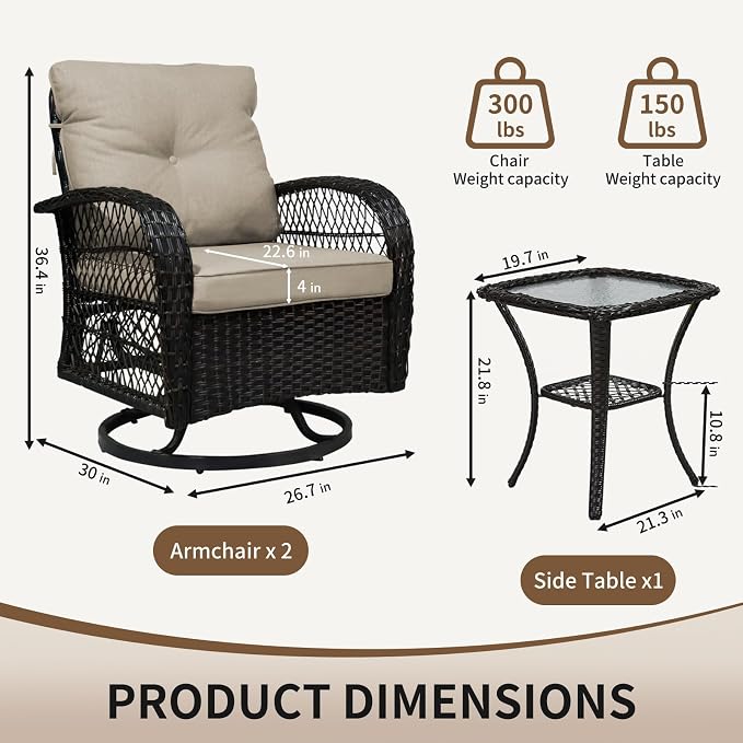 SHGJ&SOFT 3 Piece Patio Furniture Set, 2 Outdoor Swivel Rocking Chairs with Side Table, Wicker Glider Chairs, All-Weather Rattan Bistro Set for Porch, Deck, Pool (Brown, Brown Open-Weave Rattan)