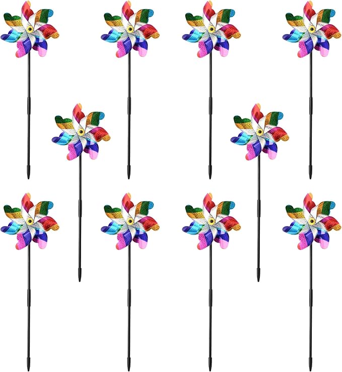 10 Pack Pre-Assembled Pinwheels for Yard and Garden, Colorful | Wind Spinner Measures 19.7'' H x 6.8'' W, Reflective Surface Sparkles In Sunlight, Connect Stakes For Yard, Garden Or Lawn