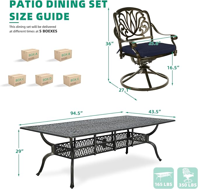 VIVIJASON 9-Piece Outdoor Dining Set, Cast Aluminum Retro Patio Furniture Table and Chairs Set for 8, Include 94.5" Rectangular Table and 8 Swivel Rocker Chairs with Umbrella Hole, Navy Blue Cushion