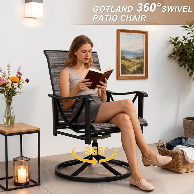 Gotland Patio Swivel Chairs Set of 4, Outdoor Dining Chairs with Breathable Teslin Seat Cushion & Backrest, 360° Outdoor Swivel Chairs with Metal Frame, Patio Dining Chairs for Deck Garden Brown