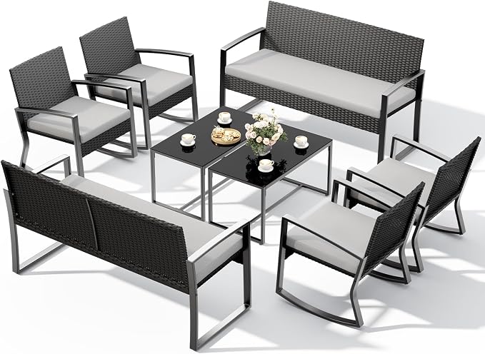 Ahomly 8 Piece Outdoor Patio Furniture Set, Outdoor Wicker Patio Furniture with Glass Coffee Table, Modern Rattan Rocking Chairs Conversation Set, for Porch, Garden, Lawn,Grey Cushion