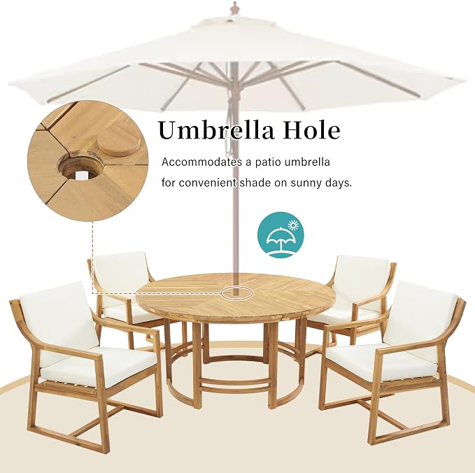 WILLIAMSPACE 59.1" Round Acacia Wood Outdoor Patio Table with Umbrella Hole, Light Teak