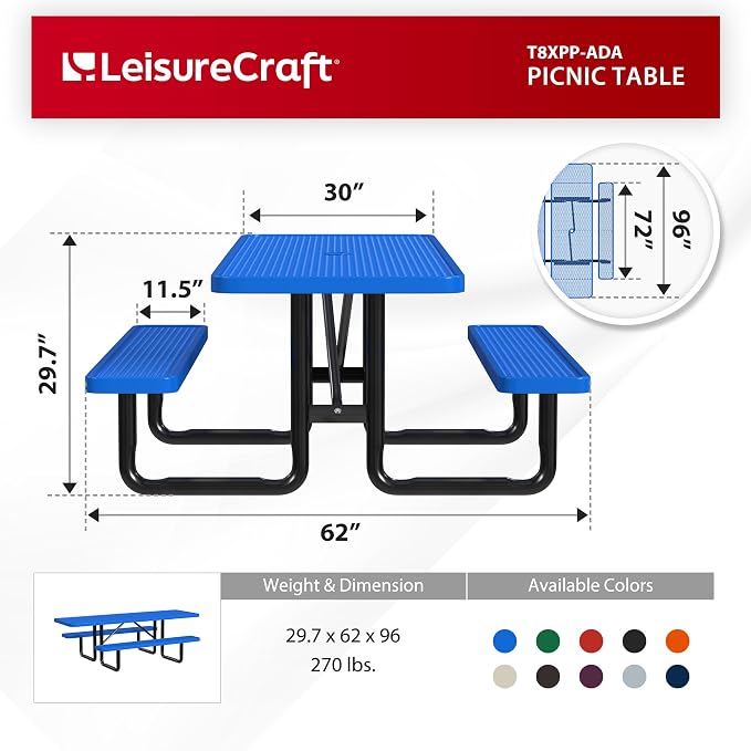 Leisure Craft Metal Picnic Table with Bench - 8 ft Rectangle Outdoor Dining Table with Umbrella Hole, Heavy Duty Thermoplastic Coating, ADA Compliant, Commercial Grade Furniture Made in USA - Blue