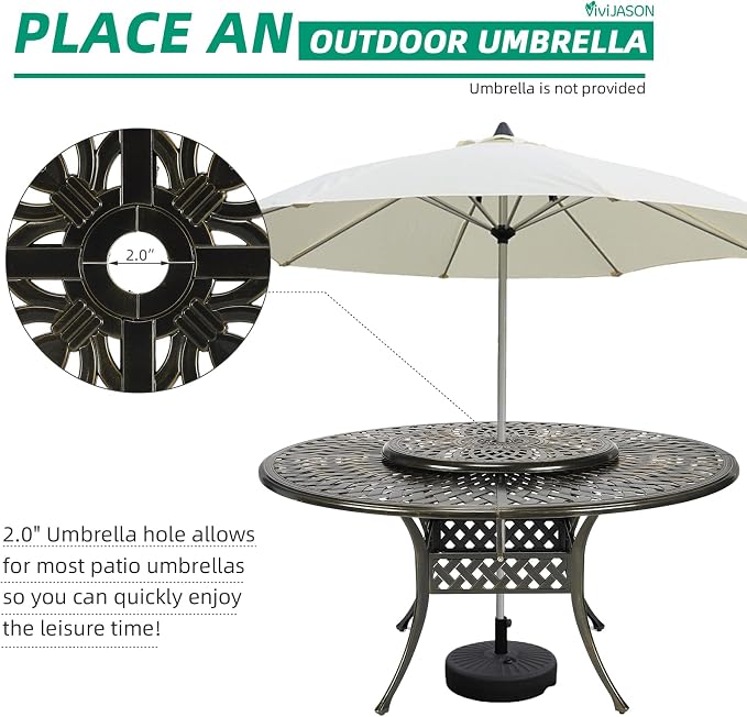 VIVIJASON Outdoor 61" Patio Dining Table for 6-8 Person, Patio Large Round Dining Table with Lazy Susan, All Weather Cast Aluminum Rustic Patio Table with 2" Umbrella Hole for Balcony, Porch and Deck
