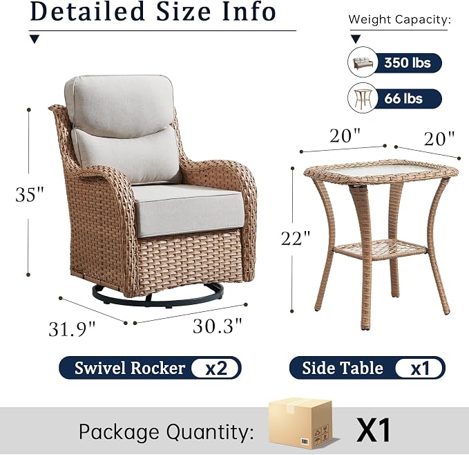 Luxury High Back Outdoor Swivel Rocker Patio Chairs with Side Table & 6-Inch Thick Cushions, 3 Pieces Patio Furniture Set for Porch, Balcony, Deck and Yard