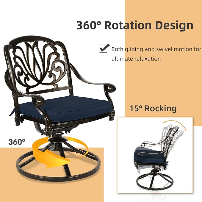 5 Piece Patio Dining Set, Outdoor Table and Chairs Set for 4 Cushioned Swivel Rocking Chairs and 35.4'' Round Table, All-Weather Cast Aluminum Patio Funiture Set, 2'' Umbrella Hole, Navy