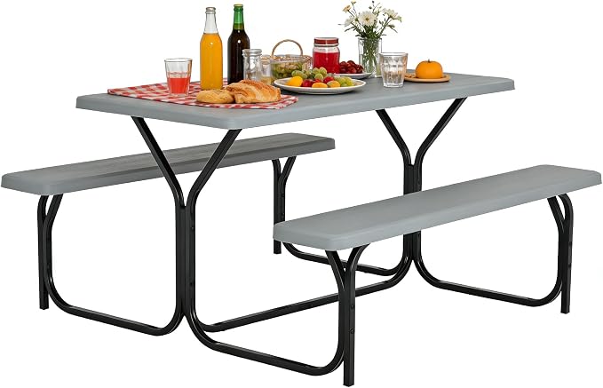 COSTWAY Outdoor Picnic Table, HDPE Plastic Picnic Table Bench Set with Weather Resistant Tabletop & Wood Texture, Ideal for Patio, Backyard (59" D x 54" W x 28.5" H,Grey)