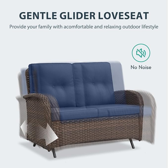 5 Piece Patio Furniture Set - Wicker Patio Conversation Set with Swivel Glider, Glider Loveseat, Tempered Glass Side Table and Coffee Table for Deck Backyard - Brown Wicker Blue Cushion