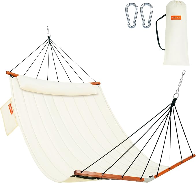 Lazy Daze Hammocks 12FT Quilted Double Hammock with V-Spreader Bar, 2 Person Portable Hammock with Nylon Rope, Side Pocket and Pillow, 450lbs Capacity, Includes Carry Bag for Outside, Natural