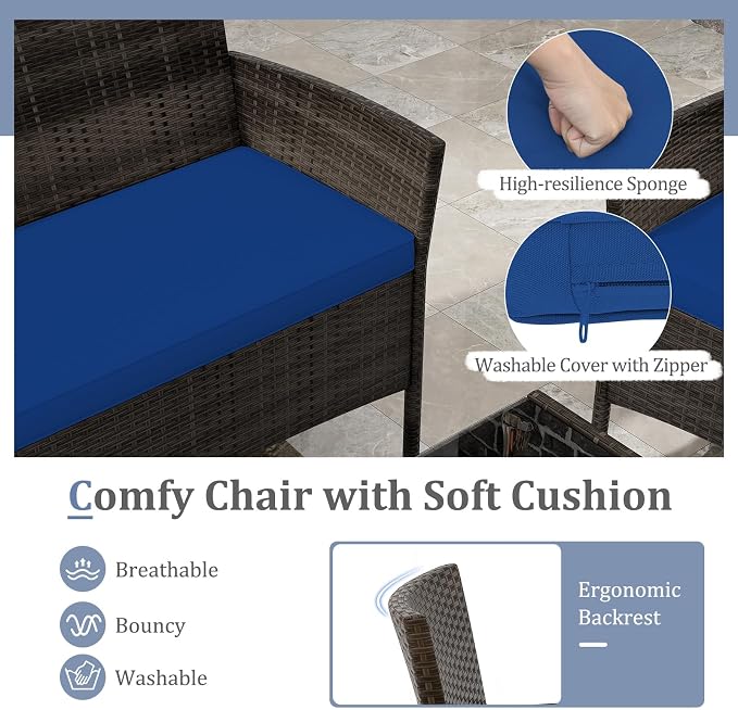 4 Piece Patio Furniture Set, Sectional Conversation Sofa Set with Glass Coffee Table, Cushions & Loveseat, Wicker Outdoor Table and Chairs for Pool, Garden, Deck, Backyard (2, Navy)