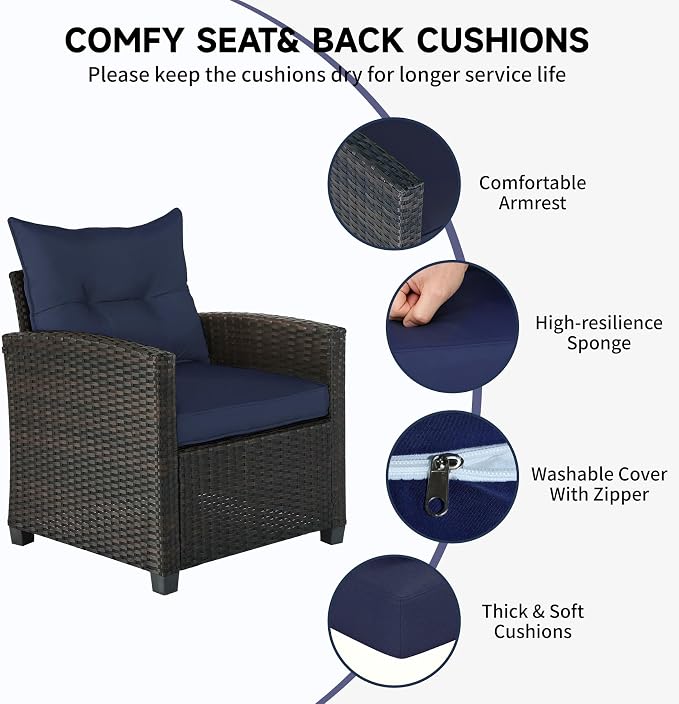 SHGJ&SOFT 3 Pieces Patio Furniture Set, Outdoor Conversation Set with Cushions, PE Rattan Wicker Bistro Set and Tempered Glass Tabletop, Outdoor Rattan Sofa for Poolside,Porch,Balcony (Navy Blue)