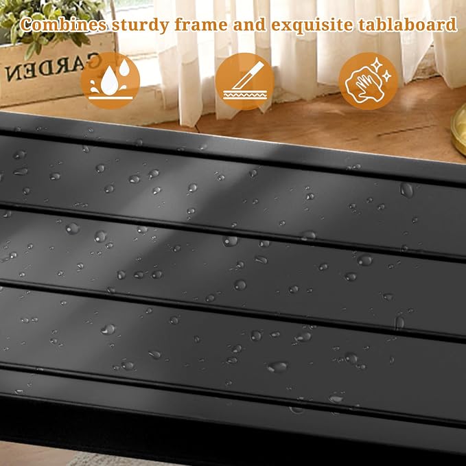 55" Narrow Rectangle Outdoor Bar Table, 380 LBS Capacity Waterproof Metal Table with Wheels & Adjustable Feet, Space Saving All Weather Bar Console Table for Patio Poolside Balcony Black