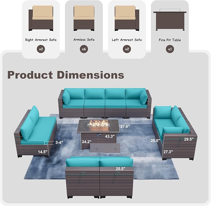 Kurapika 11 Pieces Patio Furniture Set, Rattan Wicker Outdoor Conversation Sets w/43in Propane Fire Pit Table and 4 Inch Cushion(Blue)