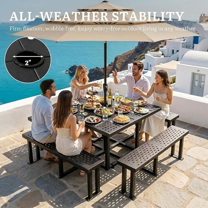 DWVO 38" Square Metal Picnic Table with Umbrella Hole - Heavy Duty Q235 Carbon Steel Outdoor Table Set for Patio, Backyard, and Lawn - Industrial Steel Construction