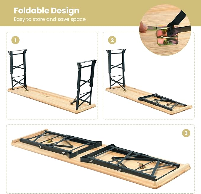 Giantex Folding Picnic Table, 66.5” Outdoor Patio Beer Table with Adjustable Heights, Rectangular Wood Portable Dining Table for Camping, RV, Garden, Party, Backyard, Natural