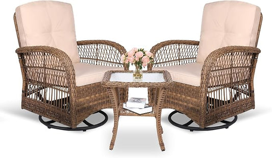 MEETWARM 3 Pieces Outdoor Wicker Swivel Rocker Patio Set, Rocking Chairs Rattan Patio Furniture Sets with Thickened Cushion and Glass-Top Coffee Table, Conversation Bistro Set for Porch (Light Brown)