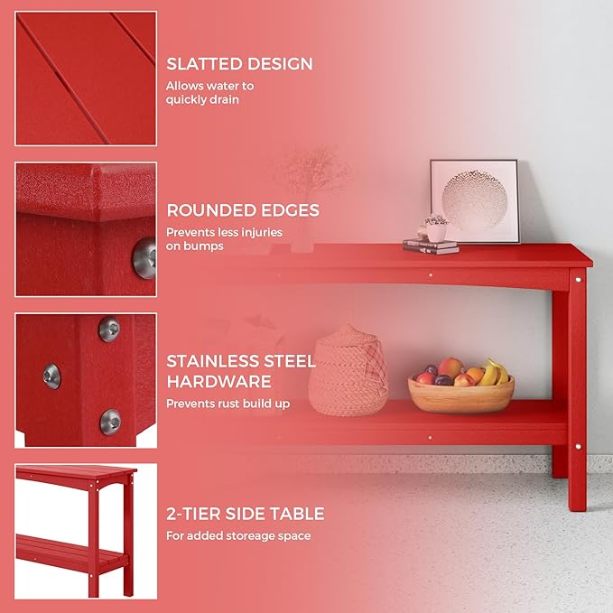 Costaelm Plant Stand Outdoor, 55in 2-Shelf Outdoor Storage Cabinet, Multifunctional Buffet Porch Table tv Stand and Side Tables for Patio, Pool & Yard, Red