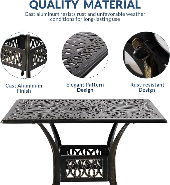 5-Piece Outdoor Patio Dining Set, All-Weather Cast Aluminum Patio Table Set, Include 4 Cushioned Chairs and a 35.4 inch Square Table w/Umbrella Hole for Balcony Garden Backyard, Ocean Blue