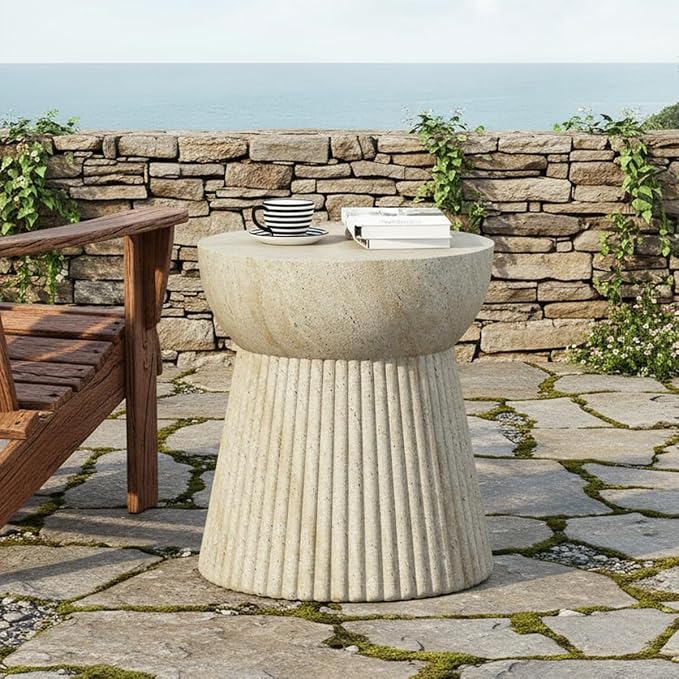Outdoor Side Table Faux Marble End Table Faux Stone Side Tables Travertine Small Coffee Tables for Indoor Outdoor, Garden Stool for Porch, Backyard Patio, MgO,Weather Resistant,Round, Beige