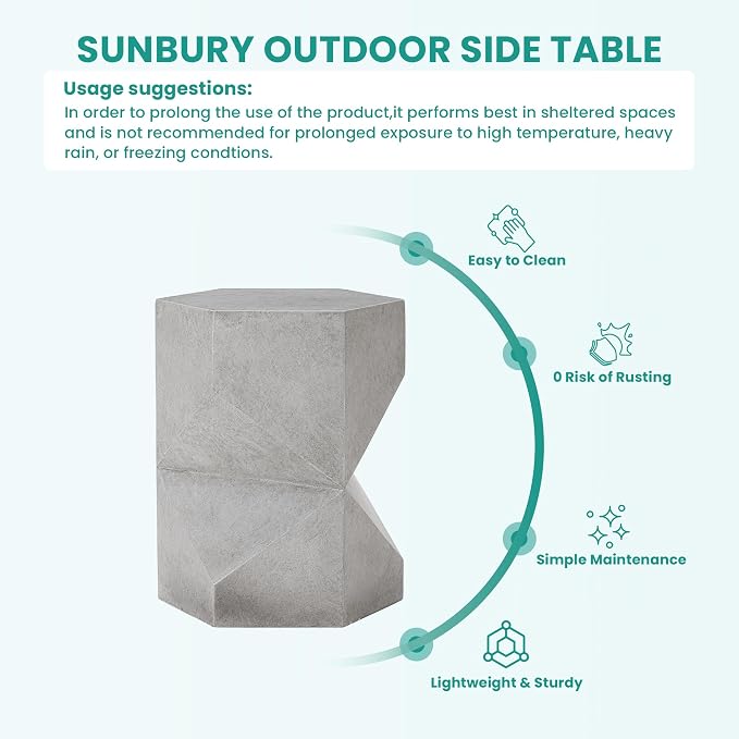 SUNBURY Outdoor Side Table, 18" Hexagon End Table Gloss Finish w Geometric Pedestal, Patio Concrete Accent Table Modular Design Decor, Lightweight Garden Stools for Balcony, Porch, Living Room, Grey