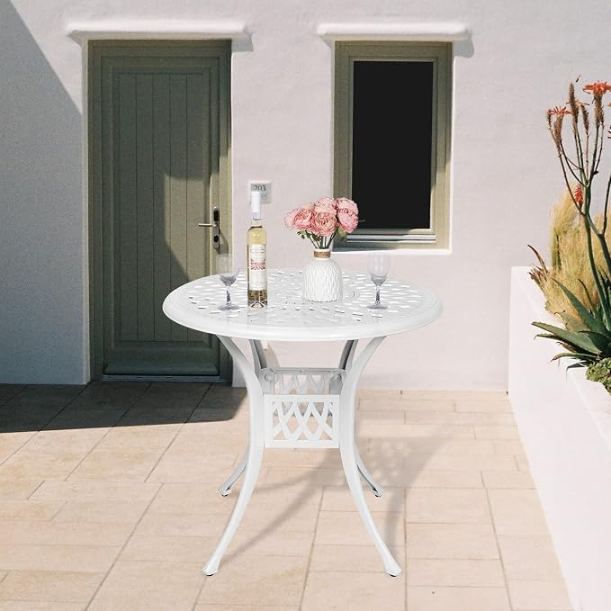 Outdoor Cast Aluminum Patio Table, 31” Round Bistro Table with 2” Umbrella Hole for Patio Furniture Garden Deck Backyard, White