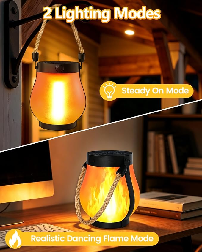 2 Pack Solar Lanterns Outdoor Waterproof, Solar Flame Lanterns with 2 Modes | Ultra-Real Flame, USB/Solar Charging, IP65 Waterproof, Hanging/Table Solar Lights Outdoor for Tree Garden Porch Yard Patio