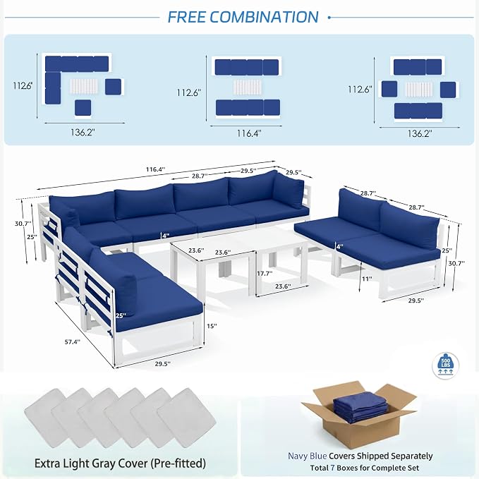 NICESOUL 8 People Extra Large Luxury Aluminum Patio Conversation Set for Backyard Garden, 29" Deep Wide Seat, L Shaped Modular Sectional Couch, 500 lbs Heavy Duty All Weather Outdoor Sofa, Navy Blue
