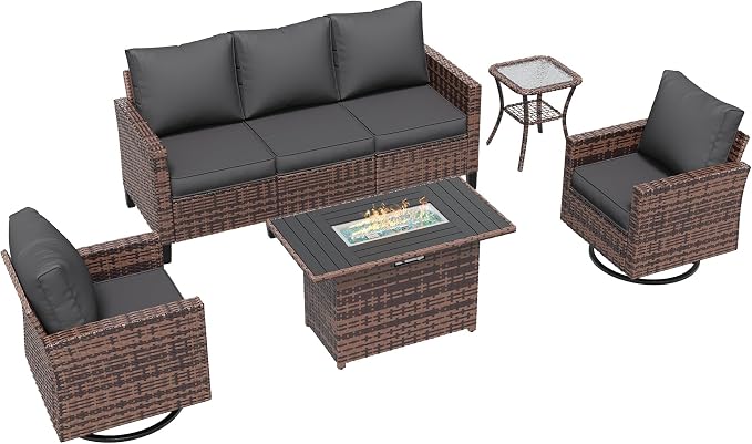 Amopatio Patio Furniture Set with Fire Pit Table, Wicker Outdoor Sectional Sofa with Swivel Rocker Chairs, All-Weather Rattan Conversation Set, Waterproof Cover for Backyard, Deck Brown/Grey 5 PCS