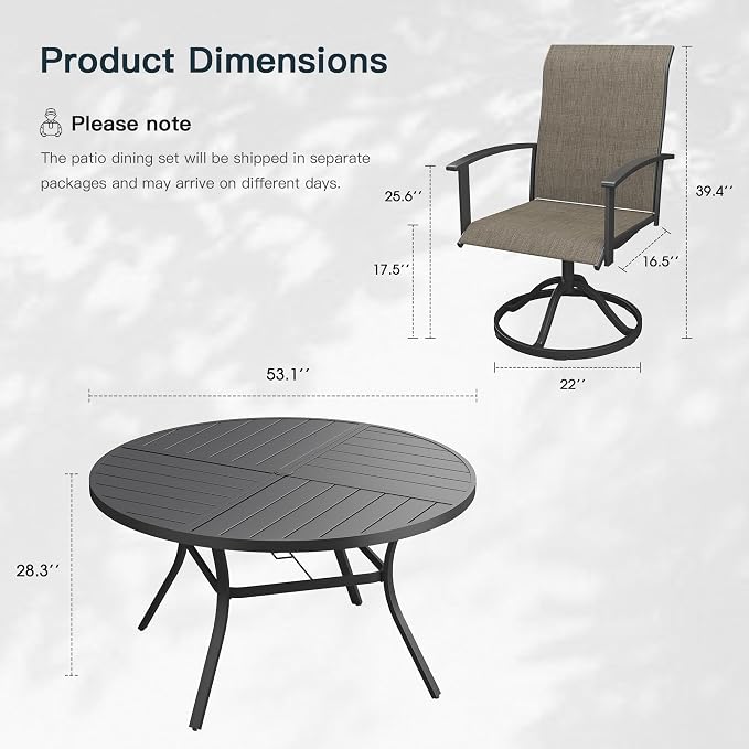 VICLLAX 7 Pieces Patio Outdoor Dining Set, 6 Swivel Textilene Chairs and 53" Round Metal Table with Umbrella Hole for Porch, Deck, Garden, Black/Brown