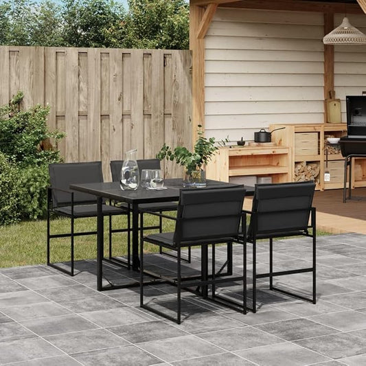 5 Piece Patio Dining Set with Cushions Black Textilene, Outdoor Garden Furniture with Foldable Chairs, Tempered Glass Table for Backyard, Poolside, Deck Entertaining, UV Removable Cushion Covers
