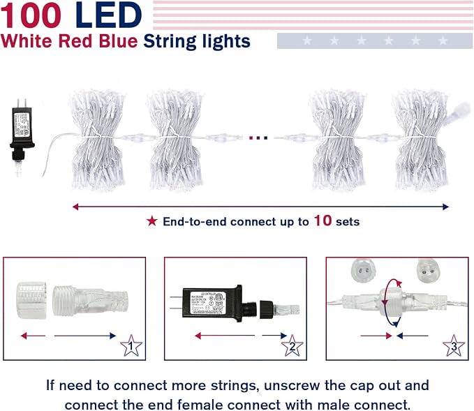 JMEXSUSS 4th of July Decorations, 33ft 100 LED Red White and Blue Lights | String Light Indoor Plug-in, 8 Modes Patriotic 4th of July Lights for Indoor Outdoor Independence Day American Flag Holiday