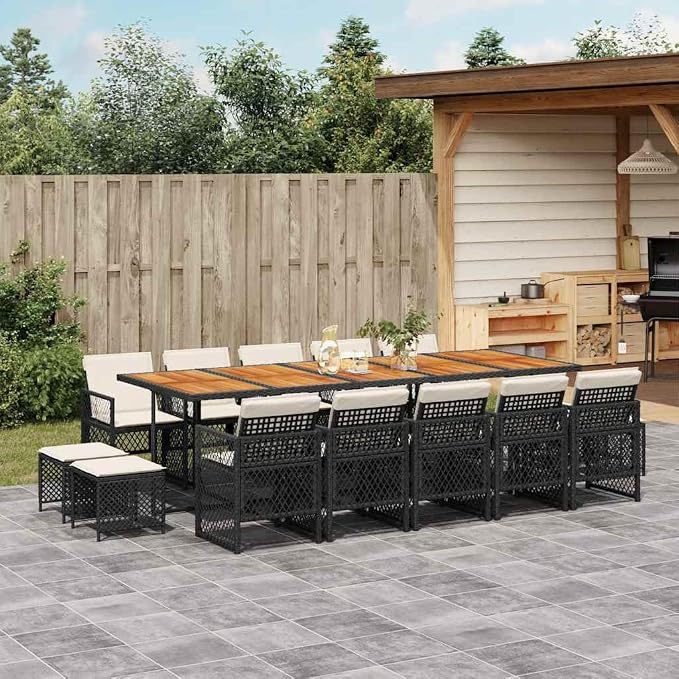15-Piece Outdoor Dining Set, Poly Rattan and Acacia Wood Patio Table and Chairs for 14 People, Foldable Furniture for Garden, Backyard, Balcony, Black and Cream