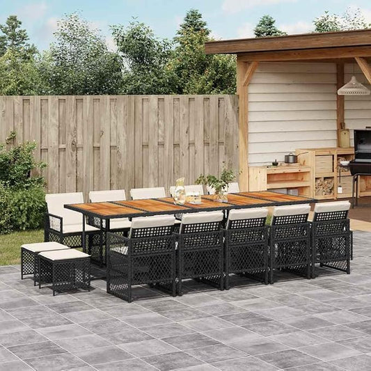 15-Piece Outdoor Dining Set, Poly Rattan and Acacia Wood Patio Table and Chairs for 14 People, Foldable Furniture for Garden, Backyard, Balcony, Black and Cream