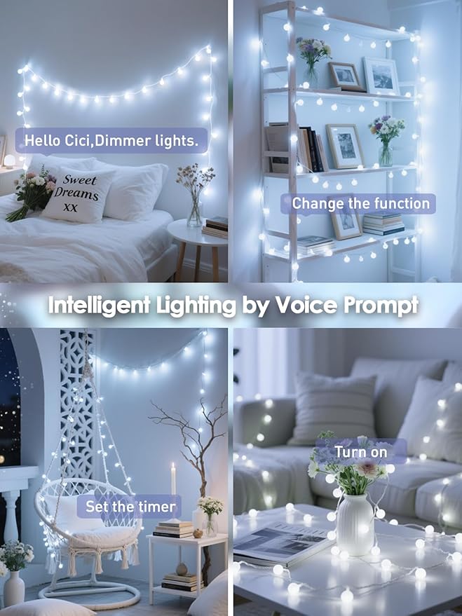 Connectable Globe String Lights Indoor 100LED Smart Fairy Lights Plug in | Voice Controlled, 43FT White Classroom Light, 12 Modes, Timer & Remote, Waterproof Christmas Light for Bedroom Party Decor