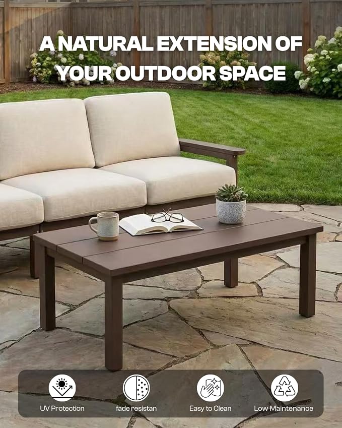43.9" HDPE Outdoor Coffee Table (Brown) | All-Weather HDPE, Easy Assembly, Low-Maintenance, Large Tabletop, For Patio Deck Poolside Backyard Use