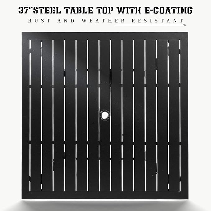 37" x 37" Patio Dining Table, Outdoor Square Bistro Metal Table with Steel Slat Table Top for Porch Deck Garden Backyard Poolside, 1.57" Umbrella Hole, Black