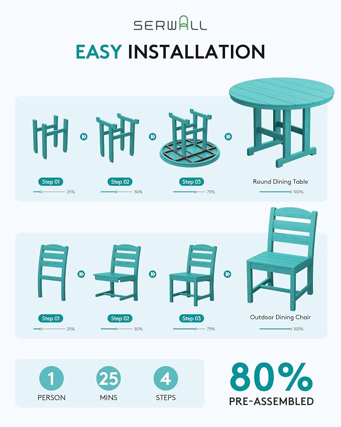 SERWALL 6-Piece Patio Dining Sets, HDPE Outdoor Table and Chairs Furniture Set with Umbrella, 45" Round Dining Table & 4 Armless Dining Chairs & 1 9FT Umbrella, Aruba(Not Include Umbrella Base)