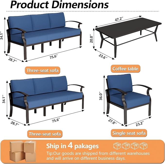 Aluminum Patio Furniture Set with Coffee Table,8 Seats Metal Modern Outdoor Furniture w/5.1" Thick Cushions,Patio Sectional for Patio,Backyard,Navy