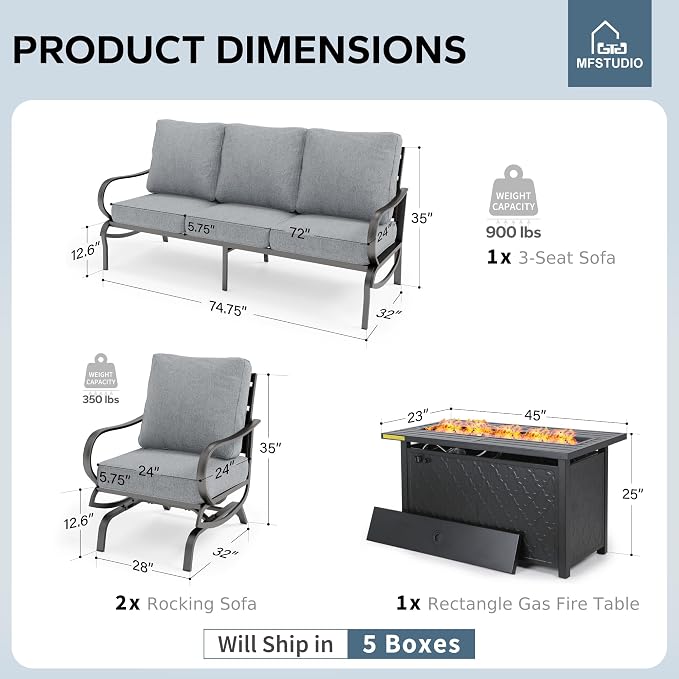 MFSTUDIO 4 Piece Patio Conversation Sets, All Weather Metal Frame Outdoor Furniture Set Patio Sofas with 1 x 45 Rectangular Fire Pit Table, 1 x 3-Seat Sofa, 2 x Rocking Chairs, Grey Cushion
