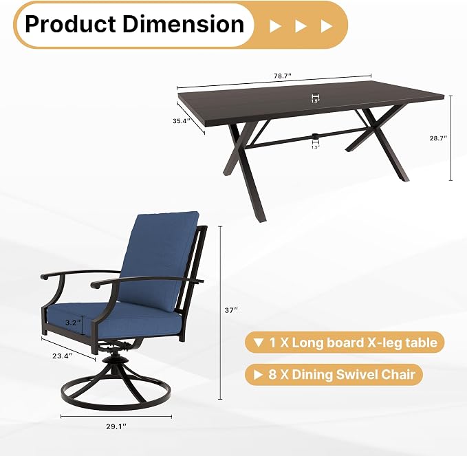 Gotland 9 Piece Outdoor Dining Set, Metal Outdoor Table and Swivel Chairs with X-Shaped Legs 1.5" Umbrella Hole, Patio Furniture Set with Waterproof Cushions, Patio Dining Sets for Backyard Deck Navy
